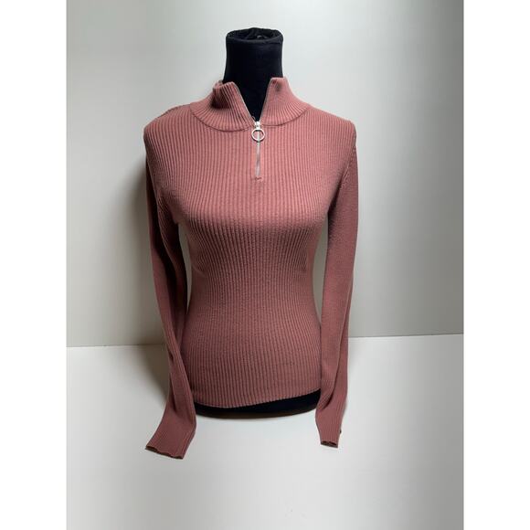 Love Tree Pink Peach High Neck 1/4 Zip Ribbed Knit Long Sleeve Crop Sweater L - Picture 1 of 11